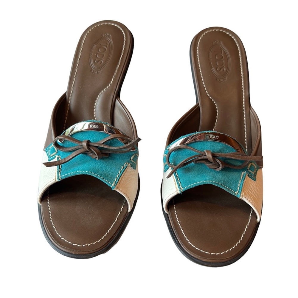 TOD’S vintage turquoise, brown and white leather slide, size 8 1/2 - Picture 2 of 11